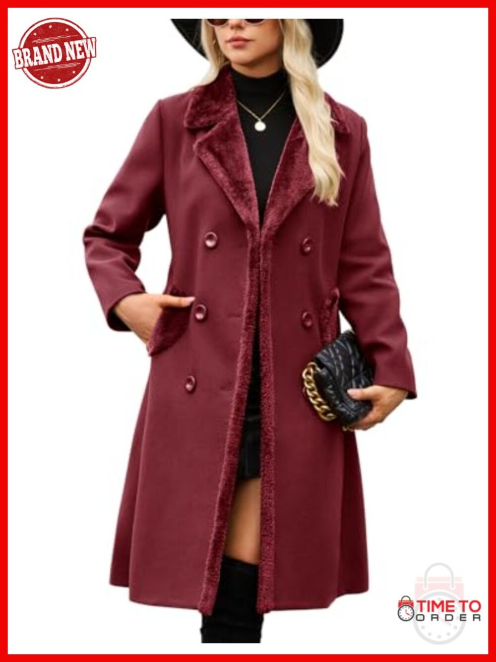 Women's Double-Breasted Faux Fur Notched Lapel Pea Coat Slim Fit Long Jacket